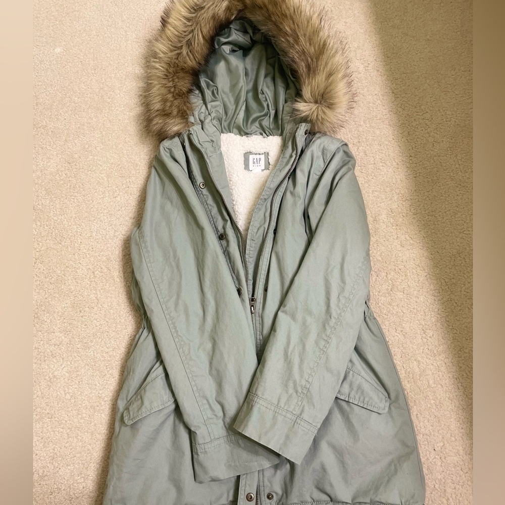 GAP Kids| Girls Fur Coats| Olive green & Tan| fur hood |